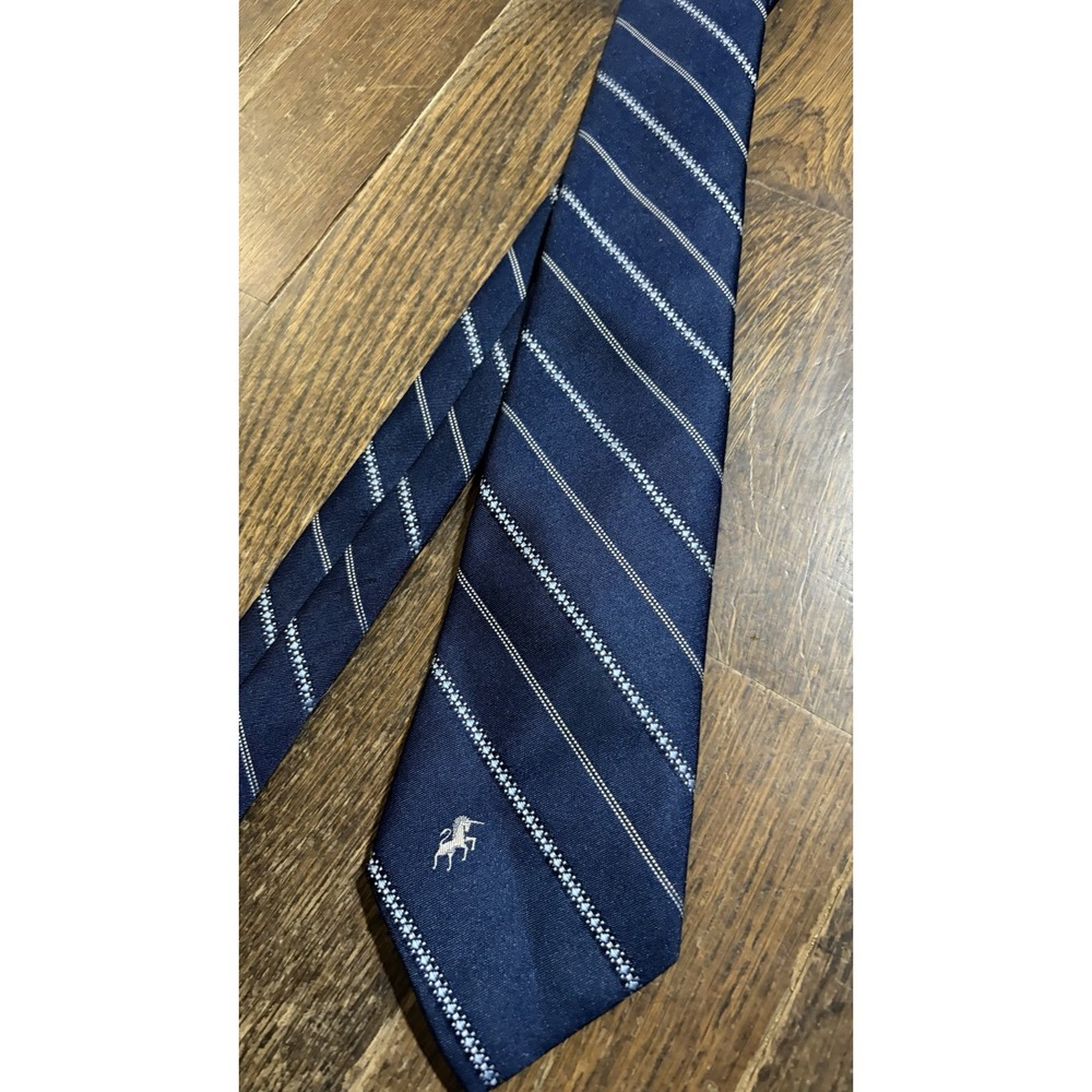 Vintage Mens Bronzini Navy Blue Striped Neck Tie Embroidered Unicorn Logo